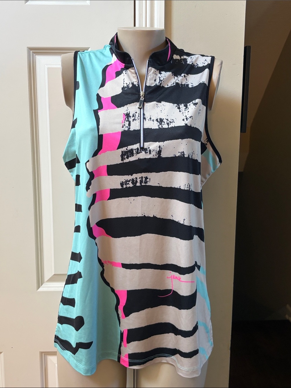 jamie sadock Sleeveless Striped Henley zip  Top - Aqua, Black & Pink, XL